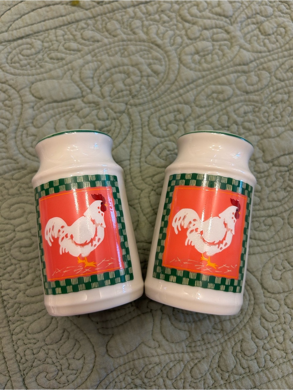 Vintage White Ceramic Rooster Salt and Pepper Shakers - Set of 2